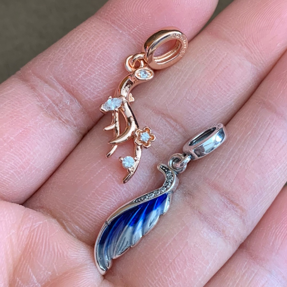 NWOT Rose Gold Silver Antler Deer Wings Feather Double Dangle Charm Silver 925
